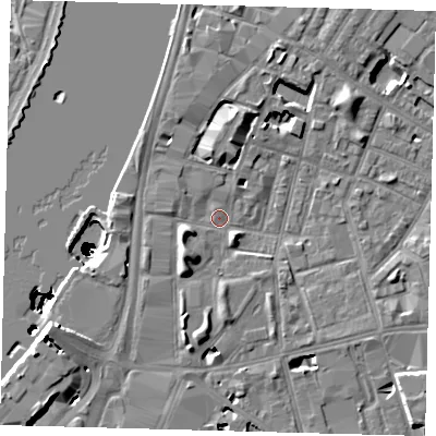 Shaded relief map of the ground around SE115EP, computed from Environment Agency LiDAR. The ground here sits at about 4 m above sea level and falls 50 m across the surrounding 800 m. Surface water reaching this point runs off ground lying to the south-west, 6.0 m higher.