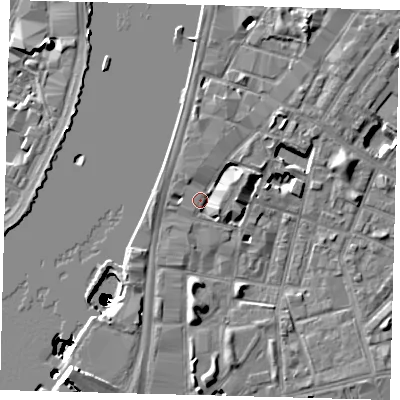 Shaded relief map of the ground around SE115EQ, computed from Environment Agency LiDAR. The ground here sits at about 4 m above sea level and falls 50 m across the surrounding 800 m. Surface water reaching this point runs off ground lying to the east, 3.8 m higher.