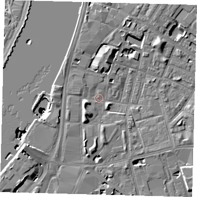 Shaded relief map of the ground around SE115ER, computed from Environment Agency LiDAR. The ground here sits at about 4 m above sea level and falls 50 m across the surrounding 800 m. Surface water reaching this point runs off ground lying to the south-west, 6.0 m higher.