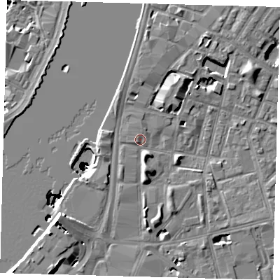 Shaded relief map of the ground around SE115ES, computed from Environment Agency LiDAR. The ground here sits at about 4 m above sea level and falls 50 m across the surrounding 800 m. Surface water reaching this point runs off ground lying to the south-west, 1.0 m higher.