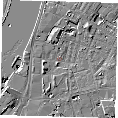 Shaded relief map of the ground around SE115EU, computed from Environment Agency LiDAR. The ground here sits at about 3 m above sea level and falls 50 m across the surrounding 800 m. Surface water reaching this point runs off ground lying to the west-south-west, 6.1 m higher.