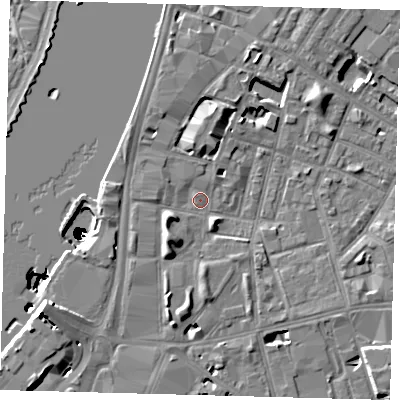 Shaded relief map of the ground around SE115EW, computed from Environment Agency LiDAR. The ground here sits at about 4 m above sea level and falls 50 m across the surrounding 800 m. Surface water reaching this point runs off ground lying to the south-west, 6.0 m higher.