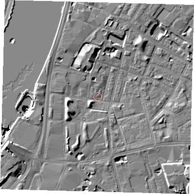 Shaded relief map of the ground around SE115EX, computed from Environment Agency LiDAR. The ground here sits at about 3 m above sea level and falls 50 m across the surrounding 800 m. Surface water reaching this point runs off ground lying to the west-south-west, 6.1 m higher.