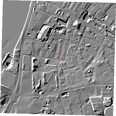 Shaded relief map of the ground around SE115EY, computed from Environment Agency LiDAR. The ground here sits at about 3 m above sea level and falls 50 m across the surrounding 800 m. Surface water reaching this point runs off ground lying to the south-south-west, 3.3 m higher.