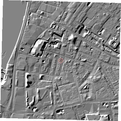 Shaded relief map of the ground around SE115HA, computed from Environment Agency LiDAR. The ground here sits at about 3 m above sea level and falls 50 m across the surrounding 800 m. Surface water reaching this point runs off ground lying to the west-south-west, 5.3 m higher.