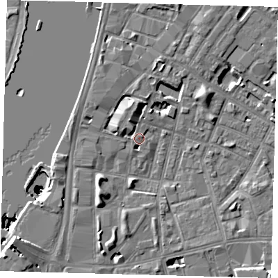 Shaded relief map of the ground around SE115HJ, computed from Environment Agency LiDAR. The ground here sits at about 4 m above sea level and falls 50 m across the surrounding 800 m. Surface water reaching this point runs off ground lying to the south-west, 6.1 m higher.