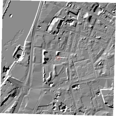 Shaded relief map of the ground around SE115HL, computed from Environment Agency LiDAR. The ground here sits at about 4 m above sea level and falls 50 m across the surrounding 800 m. Surface water reaching this point runs off ground lying to the south, 3.3 m higher.