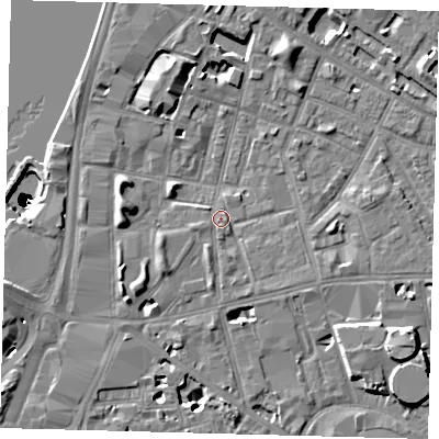 Shaded relief map of the ground around SE115HS, computed from Environment Agency LiDAR. The ground here sits at about 4 m above sea level and falls 50 m across the surrounding 800 m. Surface water reaching this point runs off ground lying to the south-west, 2.4 m higher.