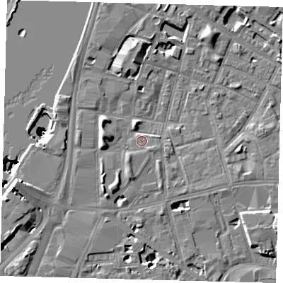 Shaded relief map of the ground around SE115HW, computed from Environment Agency LiDAR. The ground here sits at about 4 m above sea level and falls 50 m across the surrounding 800 m. Surface water reaching this point runs off ground lying to the south-south-west, 3.3 m higher.