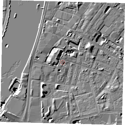 Shaded relief map of the ground around SE115HX, computed from Environment Agency LiDAR. The ground here sits at about 4 m above sea level and falls 50 m across the surrounding 800 m. Surface water reaching this point runs off ground lying to the south-west, 6.1 m higher.