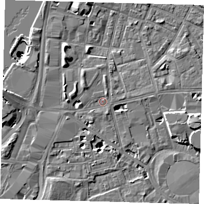 Shaded relief map of the ground around SE115HY, computed from Environment Agency LiDAR. The ground here sits at about 4 m above sea level and falls 50 m across the surrounding 800 m. Surface water reaching this point runs off ground lying to the south-south-west, 1.0 m higher.