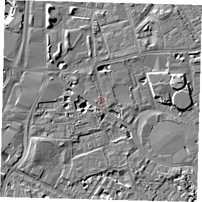 Shaded relief map of the ground around SE115JA, computed from Environment Agency LiDAR. The ground here sits at about 4 m above sea level and falls 50 m across the surrounding 800 m. Surface water reaching this point runs off ground lying to the north-north-west, 6.4 m higher.