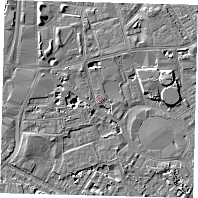 Shaded relief map of the ground around SE115JD, computed from Environment Agency LiDAR. The ground here sits at about 4 m above sea level and falls 7 m across the surrounding 800 m. Surface water reaching this point runs off ground lying to the north-west, 6.4 m higher.