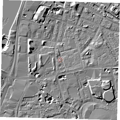 Shaded relief map of the ground around SE115JE, computed from Environment Agency LiDAR. The ground here sits at about 4 m above sea level and falls 50 m across the surrounding 800 m. Surface water reaching this point runs off ground lying to the south-south-east, 1.3 m higher.