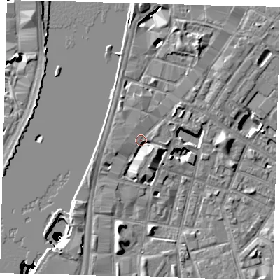 Shaded relief map of the ground around SE115JR, computed from Environment Agency LiDAR. The ground here sits at about 5 m above sea level and falls 50 m across the surrounding 800 m. Surface water reaching this point runs off ground lying to the south-south-east, 3.8 m higher.