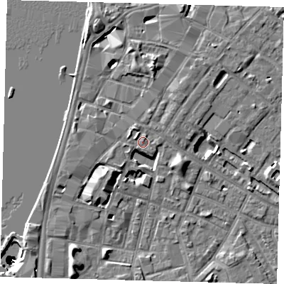 Shaded relief map of the ground around SE115JT, computed from Environment Agency LiDAR. The ground here sits at about 5 m above sea level and falls 50 m across the surrounding 800 m. Surface water reaching this point runs off ground lying to the north-north-west, 1.3 m higher.