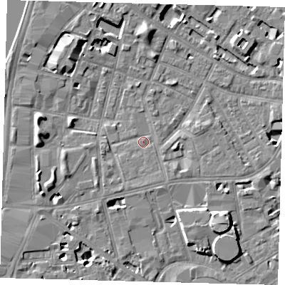 Shaded relief map of the ground around SE115LD, computed from Environment Agency LiDAR. The ground here sits at about 3 m above sea level and falls 7 m across the surrounding 800 m. Surface water reaching this point runs off ground lying to the south-south-west, 2.0 m higher.