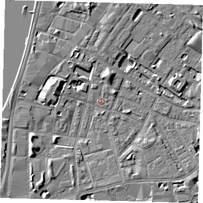 Shaded relief map of the ground around SE115LE, computed from Environment Agency LiDAR. The ground here sits at about 3 m above sea level and falls 6 m across the surrounding 800 m. Surface water reaching this point runs off ground lying to the west-south-west, 6.4 m higher.