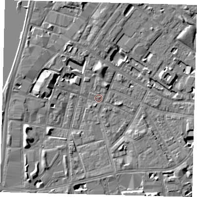 Shaded relief map of the ground around SE115LF, computed from Environment Agency LiDAR. The ground here sits at about 4 m above sea level and falls 7 m across the surrounding 800 m. Surface water reaching this point runs off ground lying to the west-south-west, 6.4 m higher.
