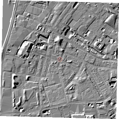 Shaded relief map of the ground around SE115LG, computed from Environment Agency LiDAR. The ground here sits at about 3 m above sea level and falls 7 m across the surrounding 800 m. Surface water reaching this point runs off ground lying to the west-south-west, 6.4 m higher.