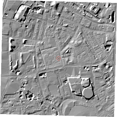 Shaded relief map of the ground around SE115LJ, computed from Environment Agency LiDAR. The ground here sits at about 4 m above sea level and falls 8 m across the surrounding 800 m. Surface water reaching this point runs off ground lying to the south-south-west, 1.0 m higher.