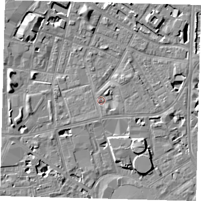 Shaded relief map of the ground around SE115LL, computed from Environment Agency LiDAR. The ground here sits at about 4 m above sea level and falls 8 m across the surrounding 800 m. Surface water reaching this point runs off ground lying to the north-east, 1.7 m higher.