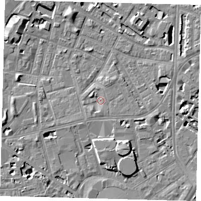 Shaded relief map of the ground around SE115LN, computed from Environment Agency LiDAR. The ground here sits at about 4 m above sea level and falls 8 m across the surrounding 800 m. Surface water reaching this point runs off ground lying to the north-north-east, 1.6 m higher.