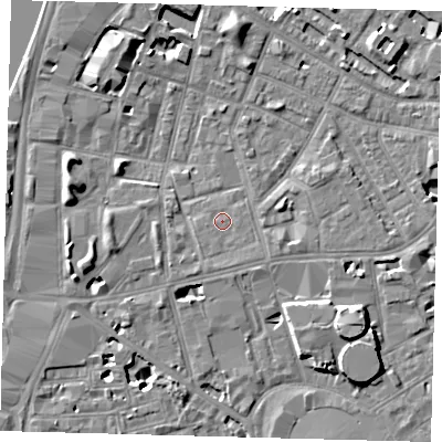 Shaded relief map of the ground around SE115LQ, computed from Environment Agency LiDAR. The ground here sits at about 4 m above sea level and falls 7 m across the surrounding 800 m. Surface water reaching this point runs off ground lying to the south-south-east, 1.1 m higher.