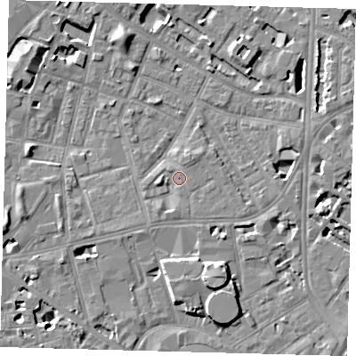 Shaded relief map of the ground around SE115LS, computed from Environment Agency LiDAR. The ground here sits at about 4 m above sea level and falls 8 m across the surrounding 800 m. Surface water reaching this point runs off ground lying to the north-east, 1.6 m higher.