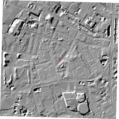 Shaded relief map of the ground around SE115LU, computed from Environment Agency LiDAR. The ground here sits at about 3 m above sea level and falls 8 m across the surrounding 800 m. Surface water reaching this point runs off ground lying to the south-south-east, 2.1 m higher.