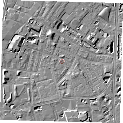 Shaded relief map of the ground around SE115LX, computed from Environment Agency LiDAR. The ground here sits at about 3 m above sea level and falls 8 m across the surrounding 800 m. Surface water reaching this point runs off ground lying to the north, 1.1 m higher.