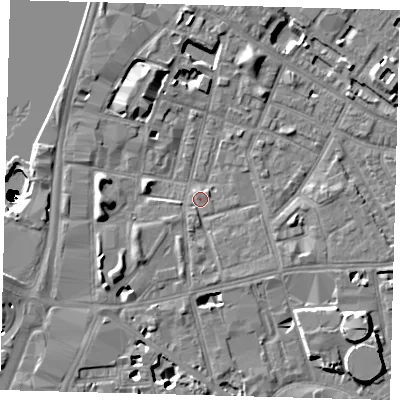 Shaded relief map of the ground around SE115LY, computed from Environment Agency LiDAR. The ground here sits at about 4 m above sea level and falls 50 m across the surrounding 800 m. Surface water reaching this point runs off ground lying to the south, 2.2 m higher.
