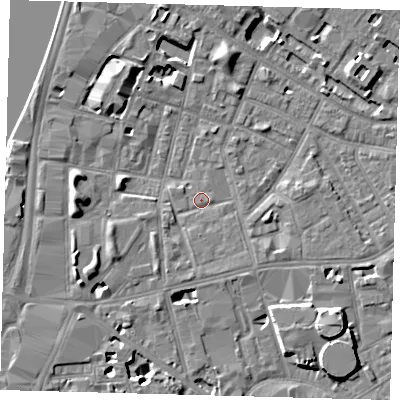 Shaded relief map of the ground around SE115LZ, computed from Environment Agency LiDAR. The ground here sits at about 3 m above sea level and falls 7 m across the surrounding 800 m. Surface water reaching this point runs off ground lying to the south, 2.0 m higher.
