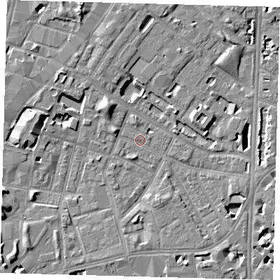 Shaded relief map of the ground around SE115NG, computed from Environment Agency LiDAR. The ground here sits at about 3 m above sea level and falls 7 m across the surrounding 800 m. Surface water reaching this point runs off ground lying to the west-south-west, 6.4 m higher.