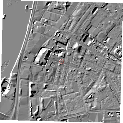 Shaded relief map of the ground around SE115NH, computed from Environment Agency LiDAR. The ground here sits at about 3 m above sea level and falls 49 m across the surrounding 800 m. Surface water reaching this point runs off ground lying to the south-west, 6.4 m higher.