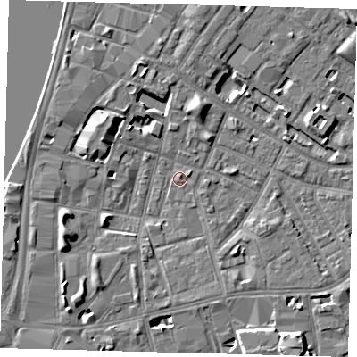 Shaded relief map of the ground around SE115NJ, computed from Environment Agency LiDAR. The ground here sits at about 3 m above sea level and falls 7 m across the surrounding 800 m. Surface water reaching this point runs off ground lying to the west-south-west, 6.4 m higher.