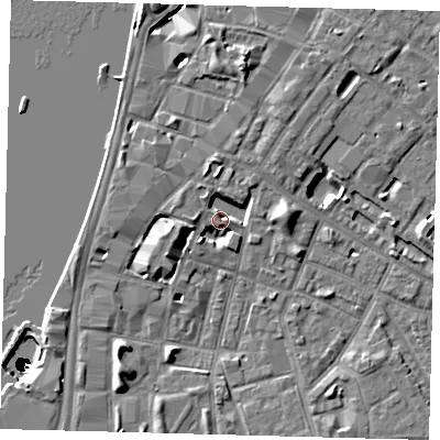 Shaded relief map of the ground around SE115NS, computed from Environment Agency LiDAR. The ground here sits at about 4 m above sea level and falls 49 m across the surrounding 800 m. Surface water reaching this point runs off ground lying to the north-north-west, 4.3 m higher.