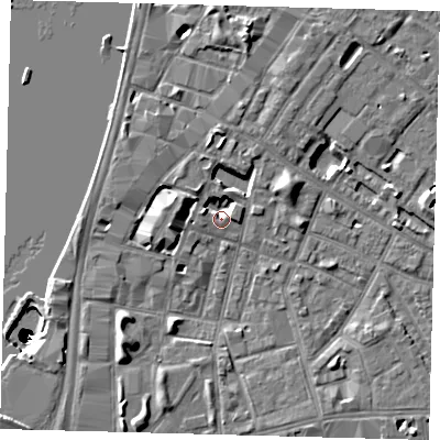 Shaded relief map of the ground around SE115NT, computed from Environment Agency LiDAR. The ground here sits at about 4 m above sea level and falls 50 m across the surrounding 800 m. Surface water reaching this point runs off ground lying to the north, 4.3 m higher.