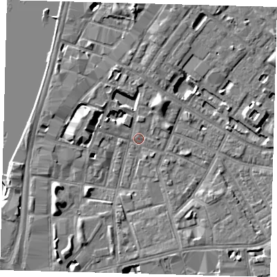 Shaded relief map of the ground around SE115NW, computed from Environment Agency LiDAR. The ground here sits at about 3 m above sea level and falls 6 m across the surrounding 800 m. Surface water reaching this point runs off ground lying to the south-west, 6.4 m higher.