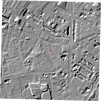 Shaded relief map of the ground around SE115PE, computed from Environment Agency LiDAR. The ground here sits at about 3 m above sea level and falls 8 m across the surrounding 800 m. Surface water reaching this point runs off ground lying to the south-south-west, 5.2 m higher.