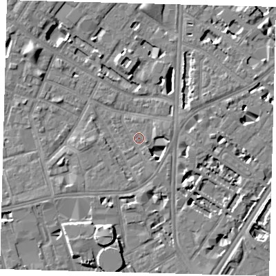 Shaded relief map of the ground around SE115PF, computed from Environment Agency LiDAR. The ground here sits at about 3 m above sea level and falls 8 m across the surrounding 800 m. Surface water reaching this point runs off ground lying to the south-south-west, 7.8 m higher.