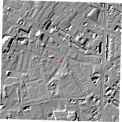 Shaded relief map of the ground around SE115PJ, computed from Environment Agency LiDAR. The ground here sits at about 3 m above sea level and falls 8 m across the surrounding 800 m. Surface water reaching this point runs off ground lying to the south-south-west, 2.1 m higher.