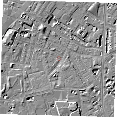 Shaded relief map of the ground around SE115PN, computed from Environment Agency LiDAR. The ground here sits at about 3 m above sea level and falls 8 m across the surrounding 800 m. Surface water reaching this point runs off ground lying to the south-south-west, 2.1 m higher.