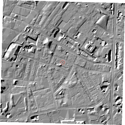 Shaded relief map of the ground around SE115PP, computed from Environment Agency LiDAR. The ground here sits at about 3 m above sea level and falls 8 m across the surrounding 800 m. Surface water reaching this point runs off ground lying to the west-south-west, 6.4 m higher.