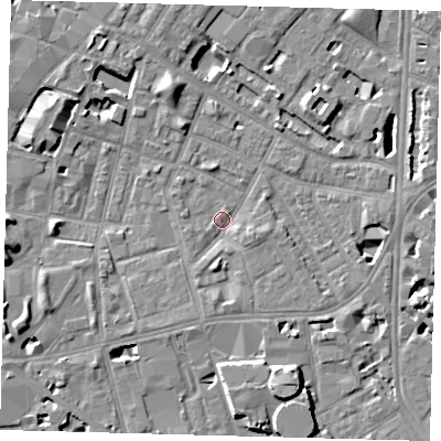 Shaded relief map of the ground around SE115PR, computed from Environment Agency LiDAR. The ground here sits at about 3 m above sea level and falls 8 m across the surrounding 800 m. Surface water reaching this point runs off ground lying to the south, 2.1 m higher.