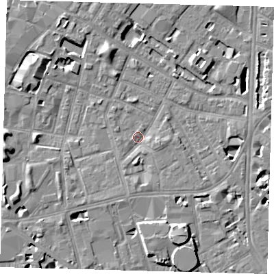 Shaded relief map of the ground around SE115PS, computed from Environment Agency LiDAR. The ground here sits at about 3 m above sea level and falls 8 m across the surrounding 800 m. Surface water reaching this point runs off ground lying to the south, 2.1 m higher.