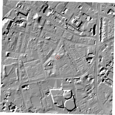 Shaded relief map of the ground around SE115PT, computed from Environment Agency LiDAR. The ground here sits at about 4 m above sea level and falls 8 m across the surrounding 800 m. Surface water reaching this point runs off ground lying to the east-north-east, 1.3 m higher.