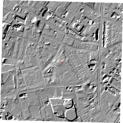 Shaded relief map of the ground around SE115PU, computed from Environment Agency LiDAR. The ground here sits at about 4 m above sea level and falls 8 m across the surrounding 800 m. Surface water reaching this point runs off ground lying to the south-west, 1.0 m higher.