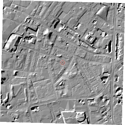 Shaded relief map of the ground around SE115PW, computed from Environment Agency LiDAR. The ground here sits at about 3 m above sea level and falls 8 m across the surrounding 800 m. Surface water reaching this point runs off ground lying to the south, 2.1 m higher.