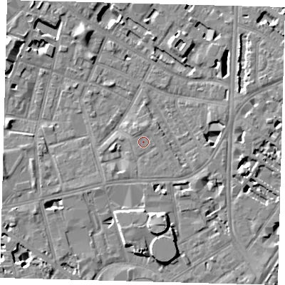 Shaded relief map of the ground around SE115PX, computed from Environment Agency LiDAR. The ground here sits at about 4 m above sea level and falls 8 m across the surrounding 800 m. Surface water reaching this point runs off ground lying to the north-north-west, 0.7 m higher.